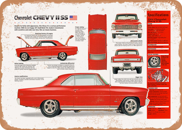 1966 Chevrolet Chevy II SS Spec Sheet - Rusty Look Metal Sign