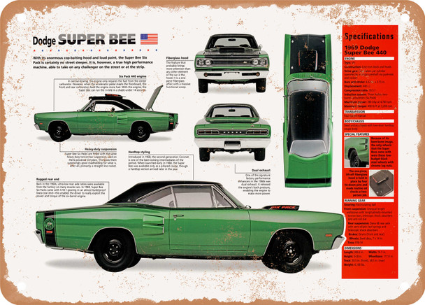 1969 Dodge Super Bee 440 Spec Sheet - Rusty Look Metal Sign