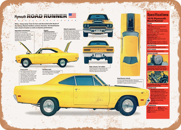 1970 Plymouth Road Runner Spec Sheet - Rusty Look Metal Sign