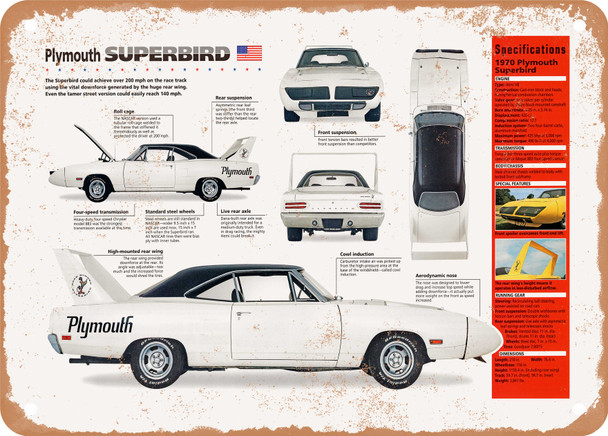 1970 Plymouth Superbird Spec Sheet - Rusty Look Metal Sign