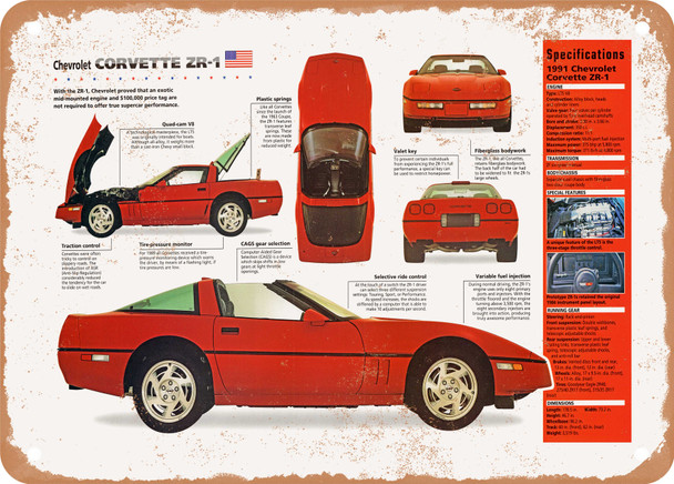 1991 Chevrolet Corvette ZR-1 Spec Sheet - Rusty Look Metal Sign