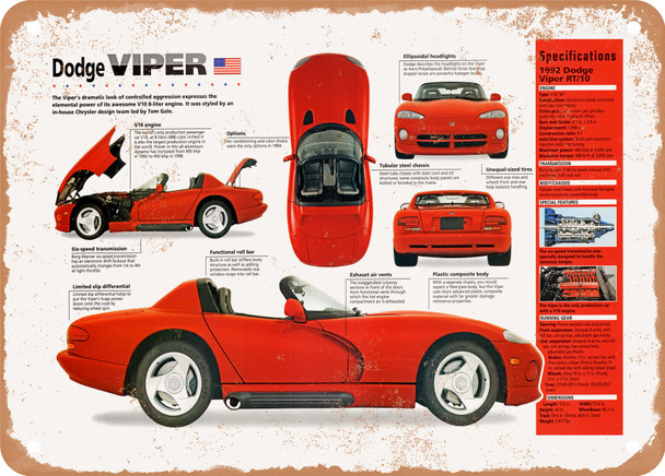 1992 Dodge Viper RT-10 Spec Sheet - Rusty Look Metal Sign