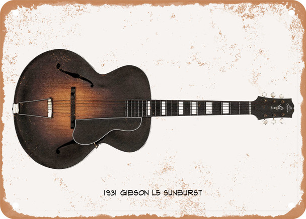 1931 Gibson L5 Sunburst Pencil Drawing - Rusty Look Metal Sign
