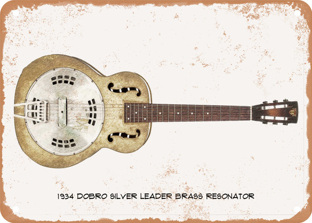 1934 Dobro Silver Leader Brass Resonator Pencil Drawing - Rusty Look Metal Sign