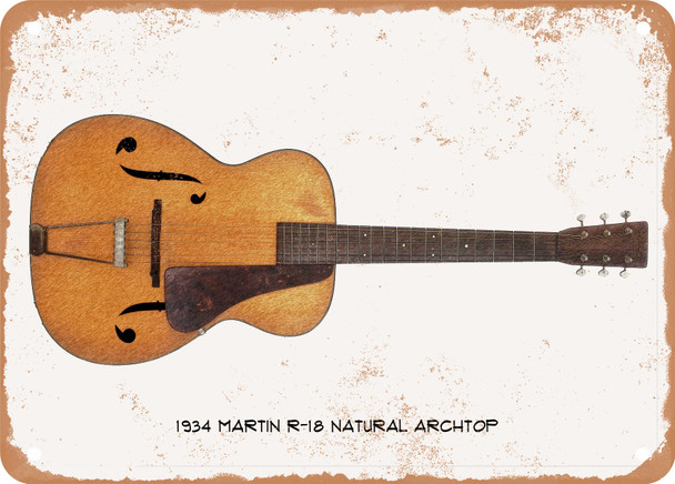 1934 Martin R-18 Natural Archtop Pencil Drawing - Rusty Look Metal Sign