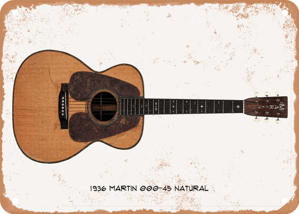 1936 Martin 000-45 Natural Pencil Drawing - Rusty Look Metal Sign