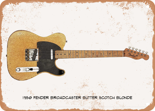 1950 Fender Broadcaster Butter Scotch Blonde Pencil Drawing - Rusty Look Metal Sign