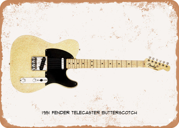 1951 Fender Telecaster Butterscotch Pencil Drawing - Rusty Look Metal Sign