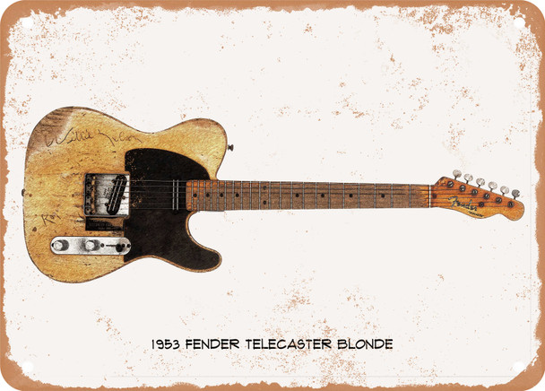 1953 Fender Telecaster Blonde Pencil Drawing - Rusty Look Metal Sign