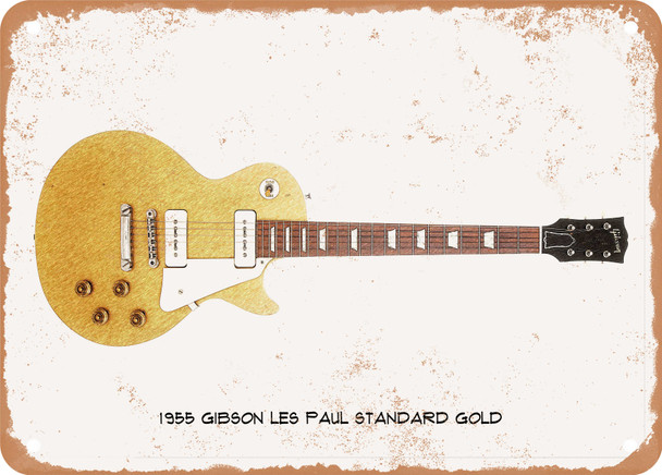 1955 Gibson Les Paul Standard Gold Pencil Drawing - Rusty Look Metal Sign