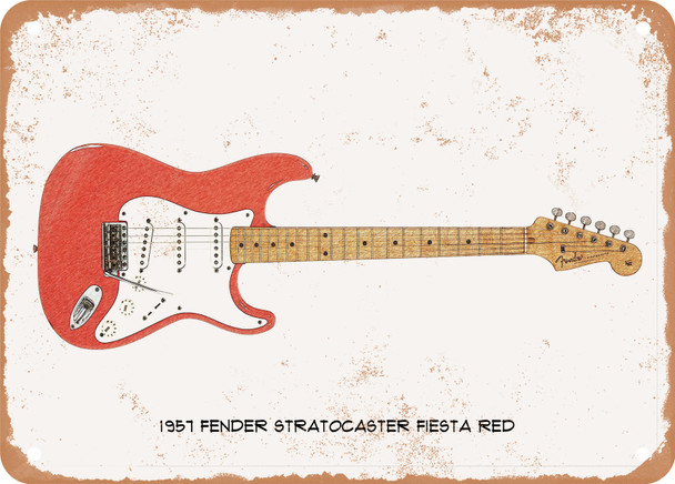 1957 Fender Stratocaster Fiesta Red Pencil Drawing - Rusty Look Metal Sign