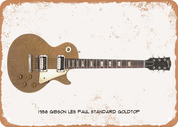 1958 Gibson Les Paul Standard Goldtop Pencil Drawing - Rusty Look Metal Sign