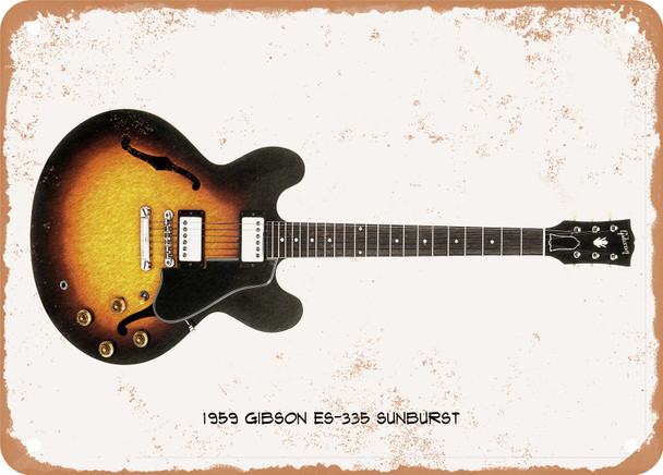 1959 Gibson ES-335 Sunburst Pencil Drawing - Rusty Look Metal Sign