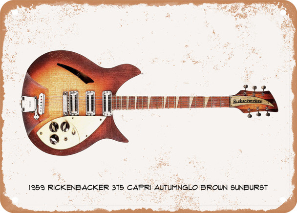 1959 Rickenbacker 375 Capri Autumnglo Brown Sunburst Pencil Drawing - Rusty Look Metal Sign