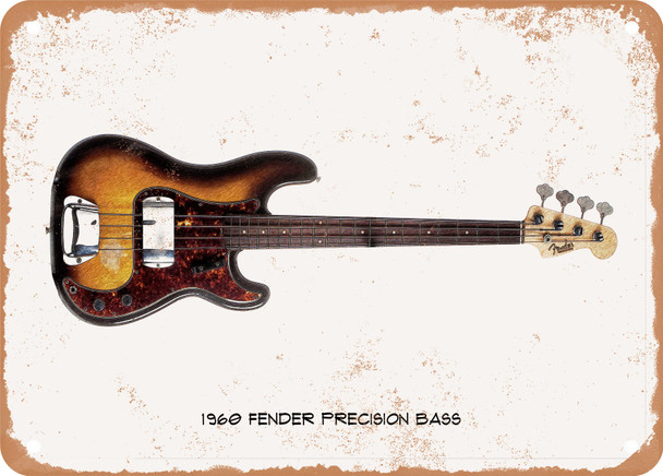 1960 Fender Precision Bass Pencil Drawing - Rusty Look Metal Sign