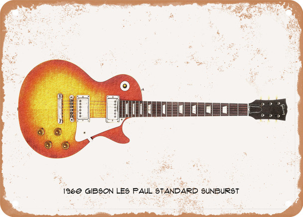 1960 Gibson Les Paul Standard Sunburst Pencil Drawing - Rusty Look Metal Sign