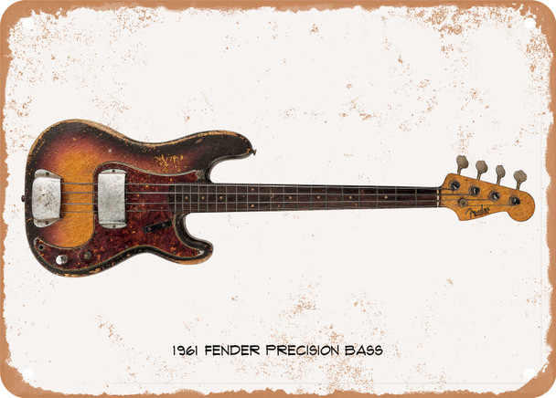 1961 Fender Precision Bass Pencil Drawing - Rusty Look Metal Sign