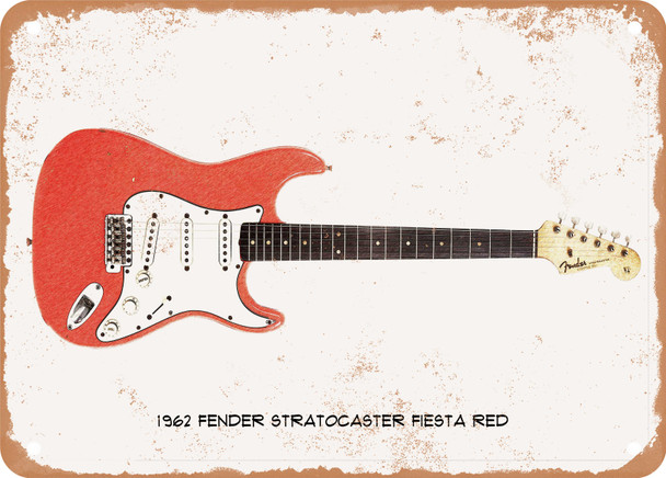 1962 Fender Stratocaster Fiesta Red Pencil Drawing - Rusty Look Metal Sign