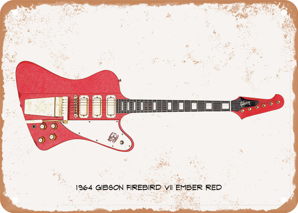 1964 Gibson Firebird VII Ember Red Pencil Drawing - Rusty Look Metal Sign