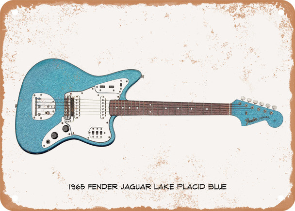 1965 Fender Jaguar Lake Placid Blue Pencil Drawing - Rusty Look Metal Sign