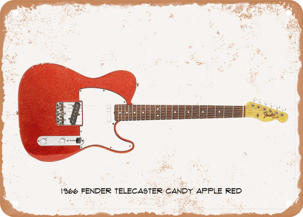 1966 Fender Telecaster Candy Apple Red Pencil Drawing - Rusty Look Metal Sign
