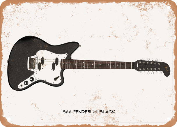 1966 Fender XII Black Pencil Drawing - Rusty Look Metal Sign