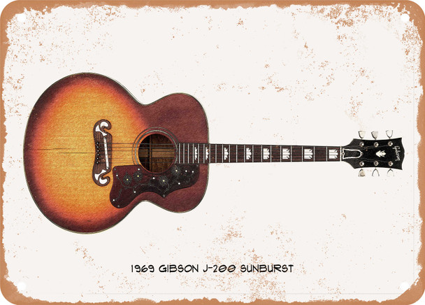1969 Gibson J-200 Sunburst Pencil Drawing - Rusty Look Metal Sign