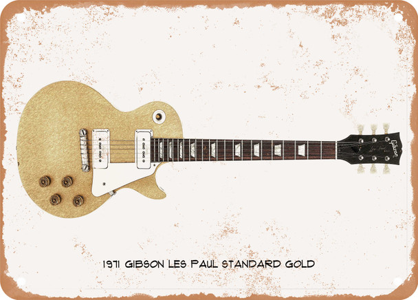 1971 Gibson Les Paul Standard Gold Pencil Drawing - Rusty Look Metal Sign