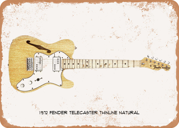 1972 Fender Telecaster Thinline Natural Pencil Drawing - Rusty Look Metal Sign