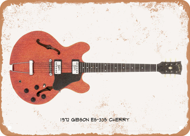 1972 Gibson ES-335 Cherry Pencil Drawing - Rusty Look Metal Sign