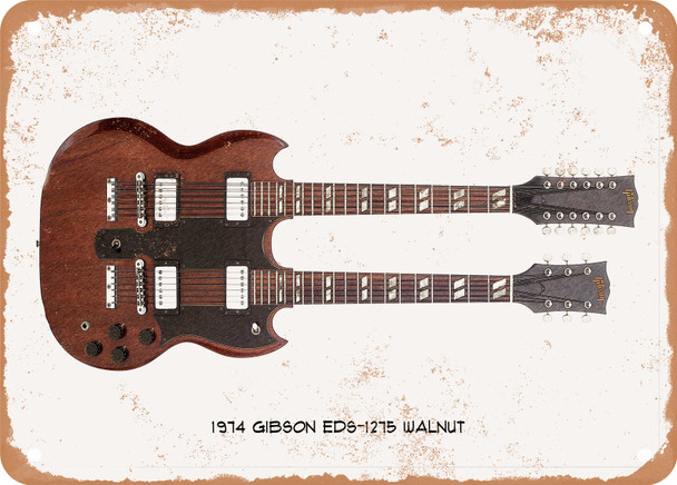 1974 Gibson EDS-1275 Walnut Pencil Drawing - Rusty Look Metal Sign