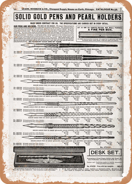 1902 Sears Catalog Gold Pens Page 108 - Rusty Look Metal Sign