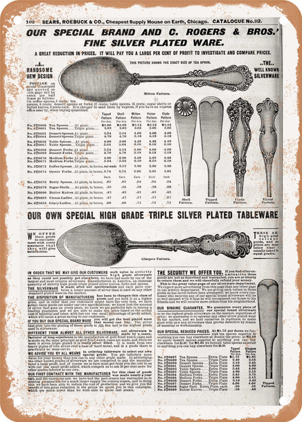 1902 Sears Catalog Silverware Page 112 - Rusty Look Metal Sign