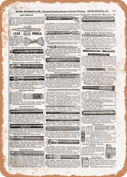 1902 Sears Catalog Pencils Page 169 - Rusty Look Metal Sign