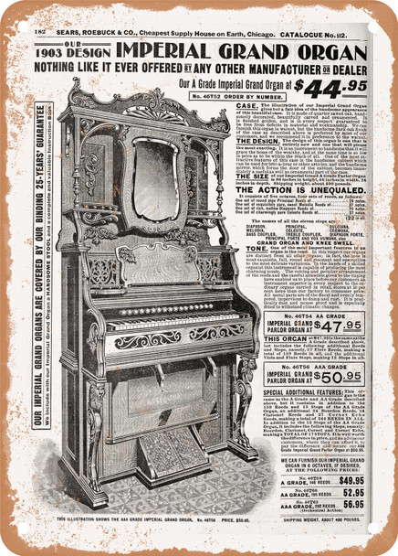 1902 Sears Catalog Pianos Page 192 - Rusty Look Metal Sign