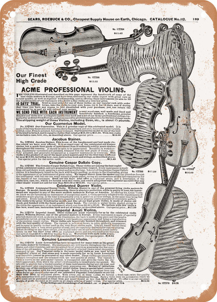 1902 Sears Catalog Violins Page 199 - Rusty Look Metal Sign