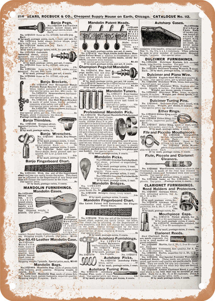 1902 Sears Catalog Musical Accessories Page 226 - Rusty Look Metal Sign
