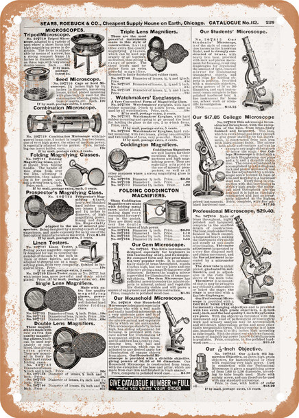 1902 Sears Catalog Microscopes Page 239 - Rusty Look Metal Sign