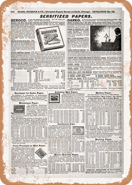 1902 Sears Catalog Photography Accessories Page 258 - Rusty Look Metal Sign