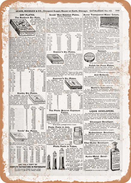 1902 Sears Catalog Photography Accessories Page 259 - Rusty Look Metal Sign