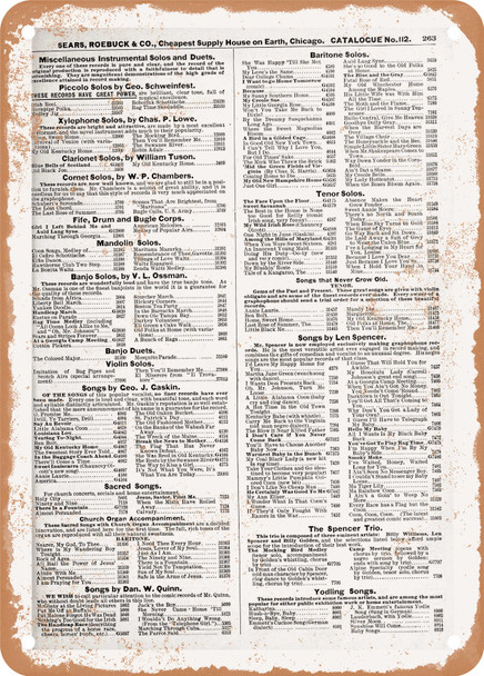 1902 Sears Catalog Graphophone Machines Page 273 - Rusty Look Metal Sign