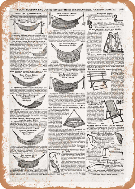 1902 Sears Catalog Hammocks Page 333 - Rusty Look Metal Sign