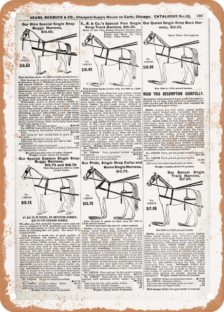 1902 Sears Catalog Horse Harnesses Page 383 - Rusty Look Metal Sign