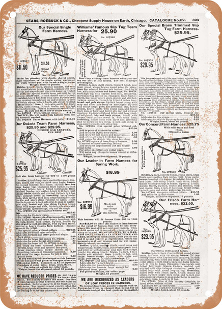 1902 Sears Catalog Horse Harnesses Page 389 - Rusty Look Metal Sign