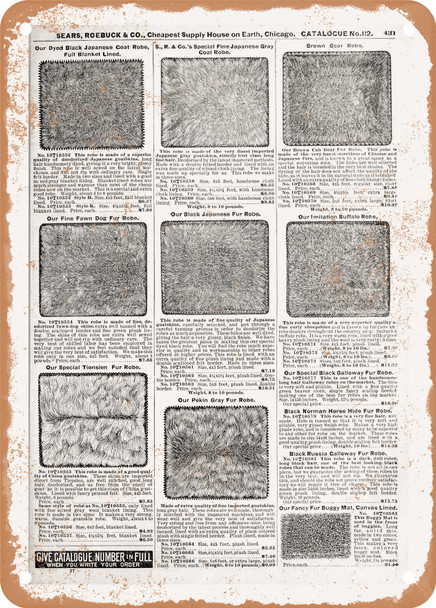 1902 Sears Catalog Horse Robes and Blankets Page 427 - Rusty Look Metal Sign