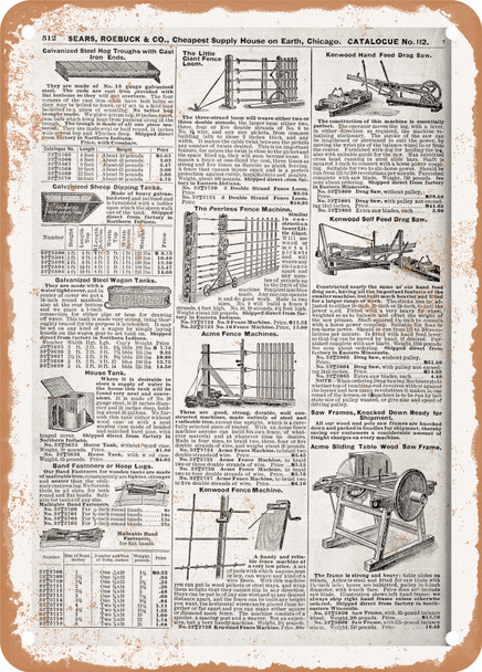 1902 Sears Catalog Fence Machines Page 508 - Rusty Look Metal Sign
