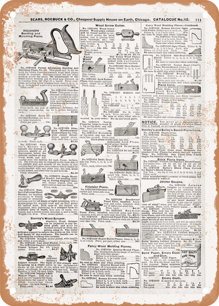1902 Sears Catalog Bench Planes Page 697 - Rusty Look Metal Sign