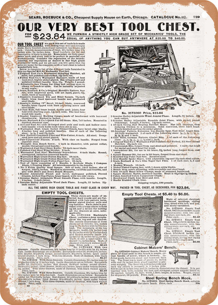 1902 Sears Catalog Mechanic Tool Set Page 715 - Rusty Look Metal Sign