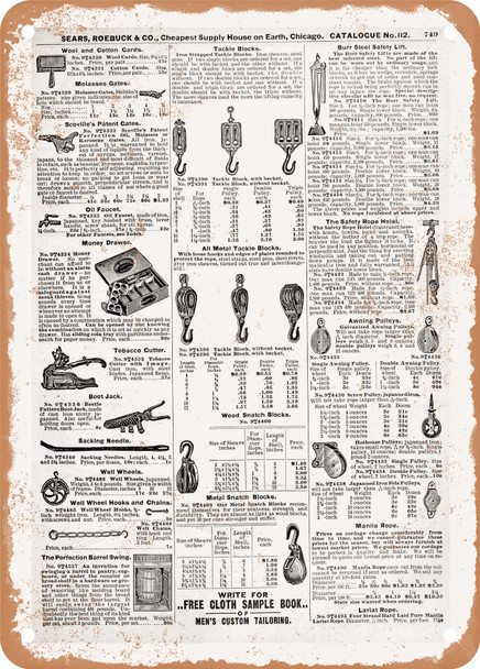 1902 Sears Catalog Block and Tackles and Hoists Page 735 - Rusty Look Metal Sign