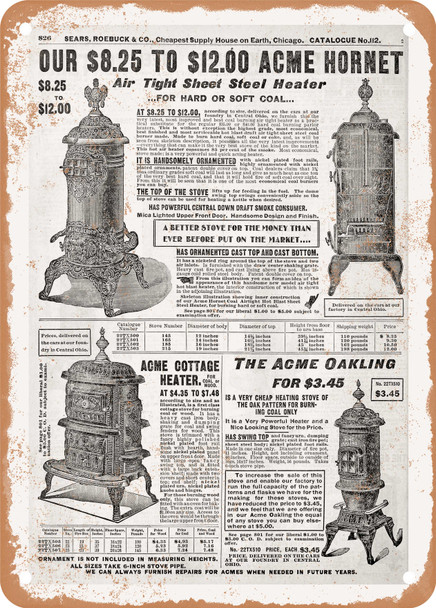 1902 Sears Catalog Heaters Page 812 - Rusty Look Metal Sign